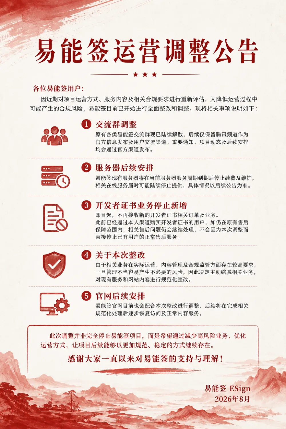 易能签运营调整公告